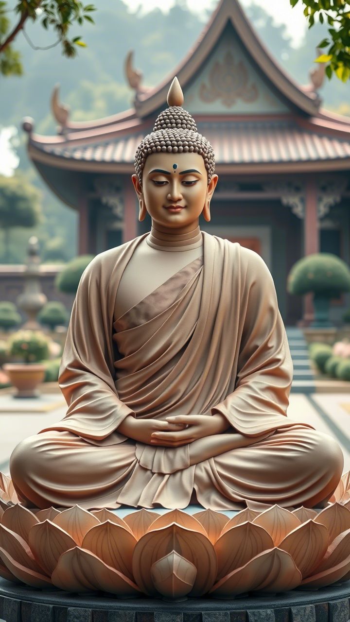 Buddha in meditative pose, serene and peaceful.