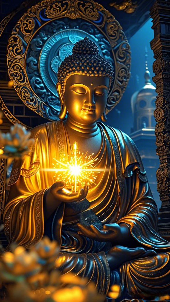 Golden Buddha statue radiating light.