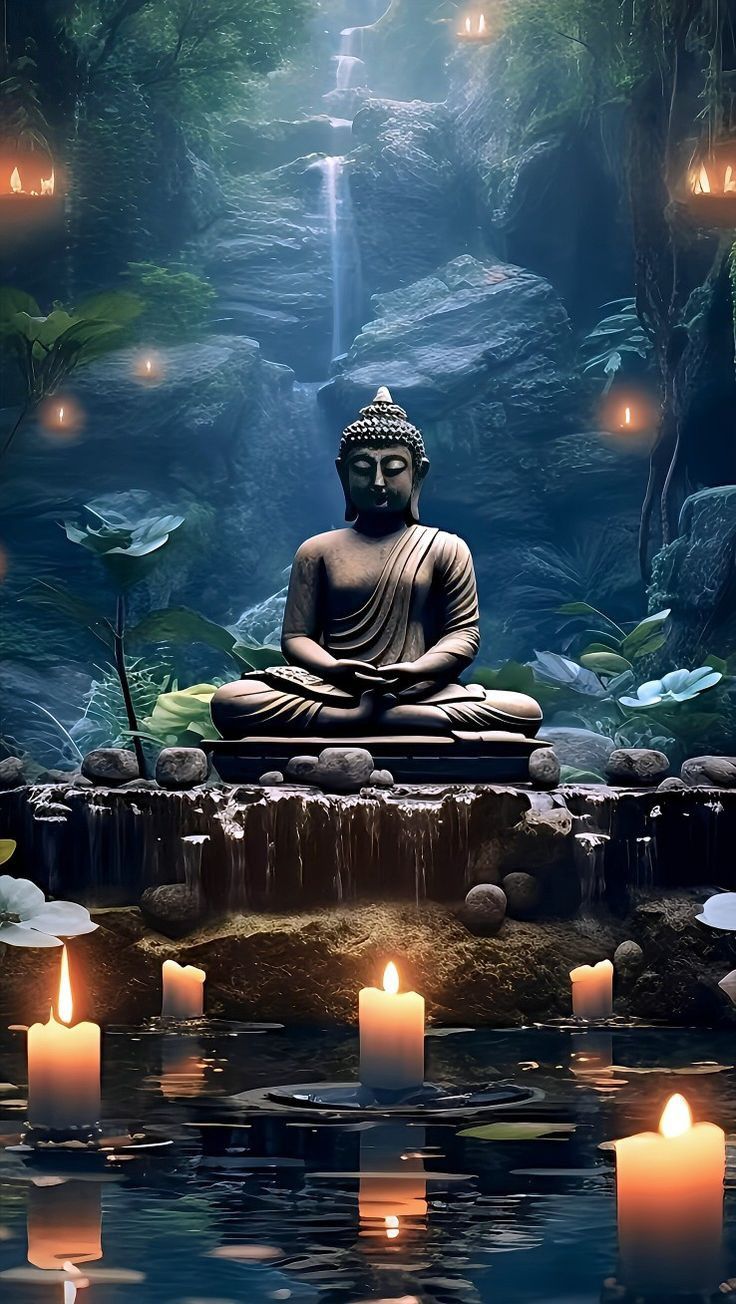 Buddha meditating by a waterfall