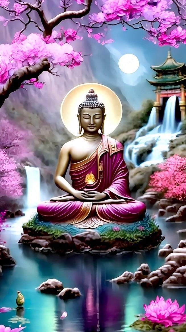 Buddha meditating under cherry blossoms.
