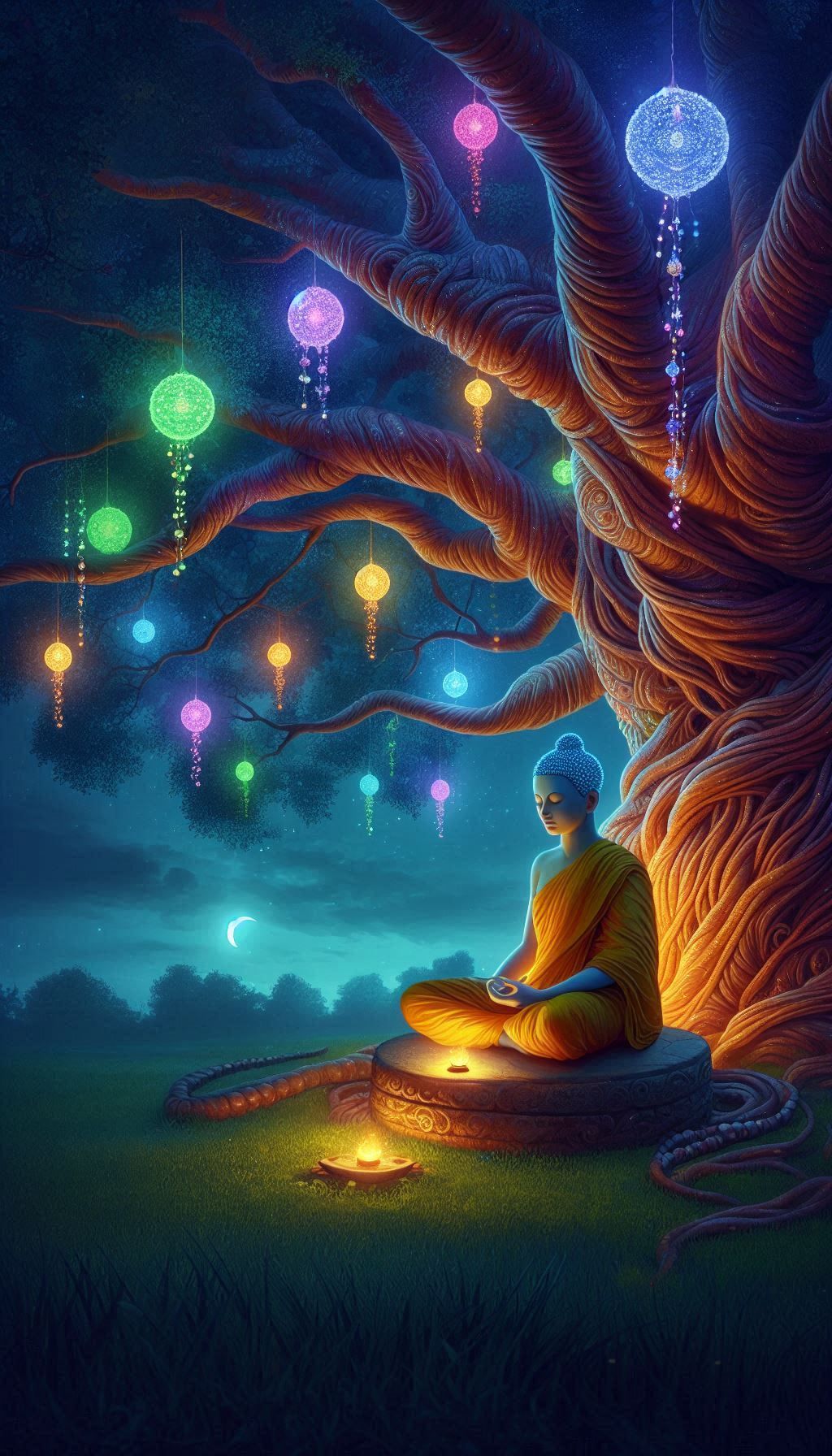 Buddha meditating under illuminated Bodhi tree.