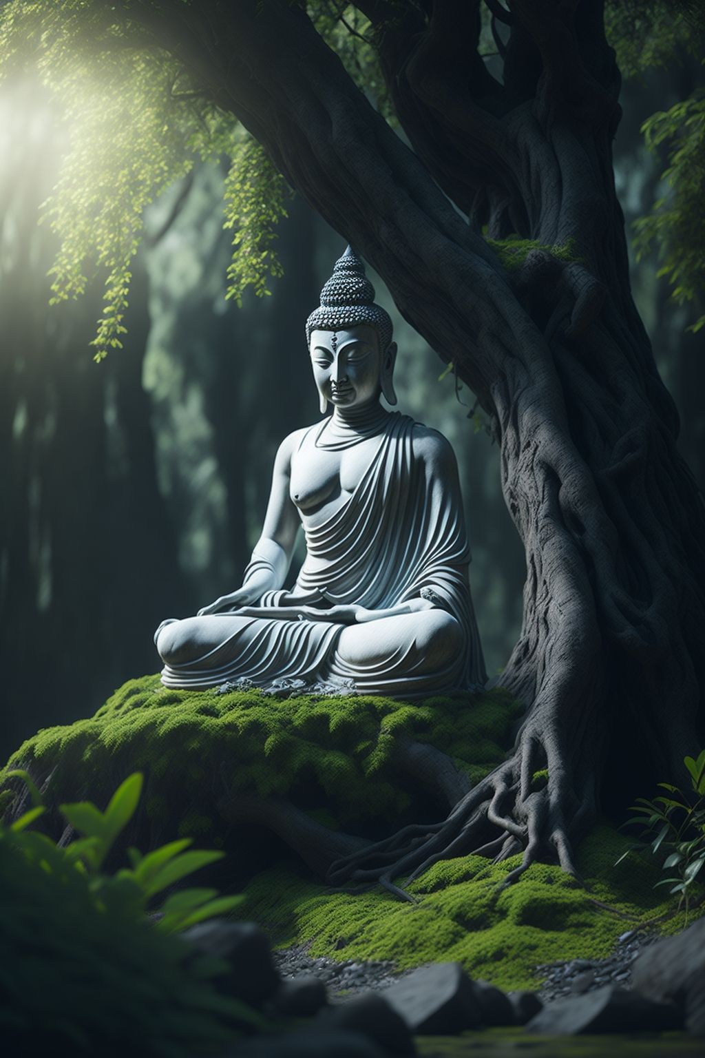 Buddha meditating beneath a Bodhi tree