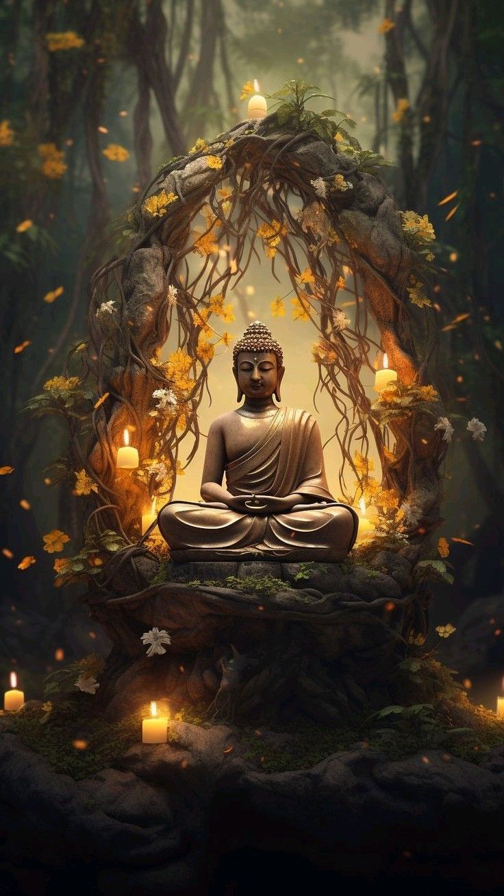 Buddha meditating in peaceful forest setting