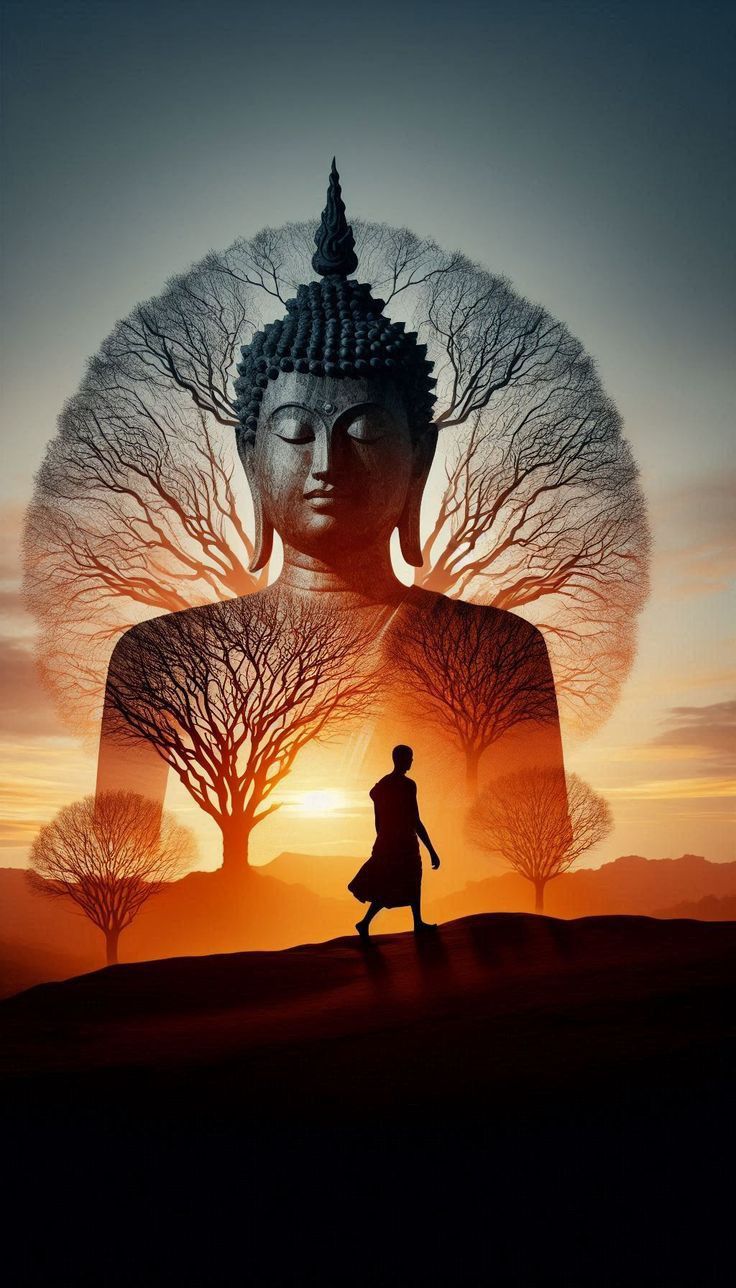 Buddha silhouette with trees and sunset.