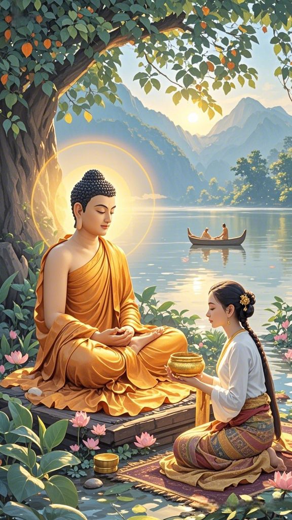 Buddha meditating by a serene lake