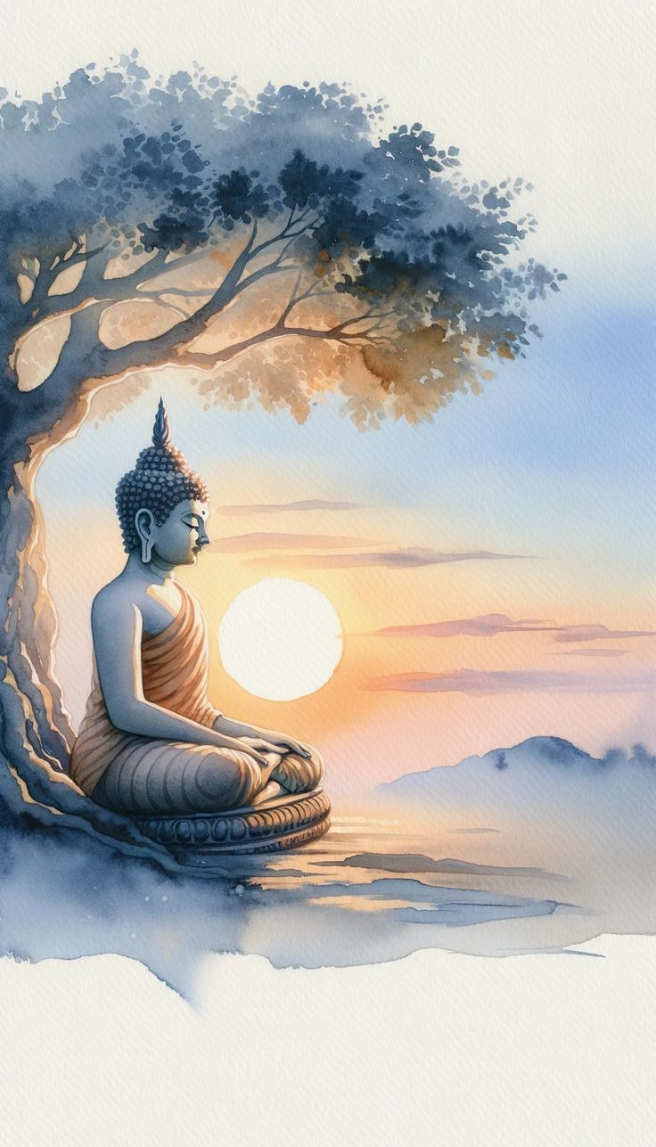 Buddha meditating under a sunset tree