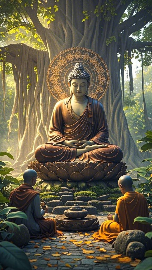 Buddha meditating under Bodhi tree