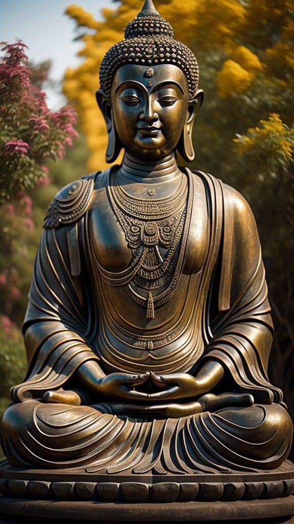 Buddha statue meditating in a garden