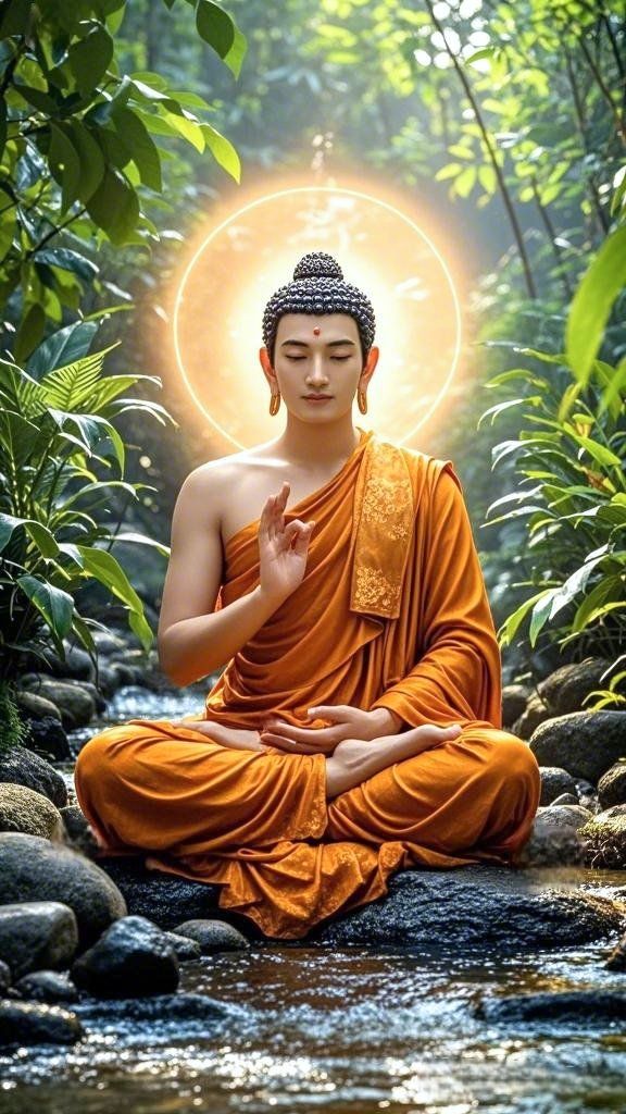 Buddha meditating in peaceful forest