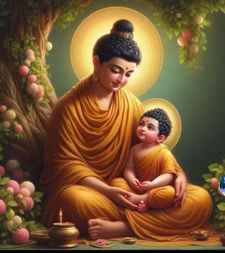 Buddha cradling a child in peaceful pose