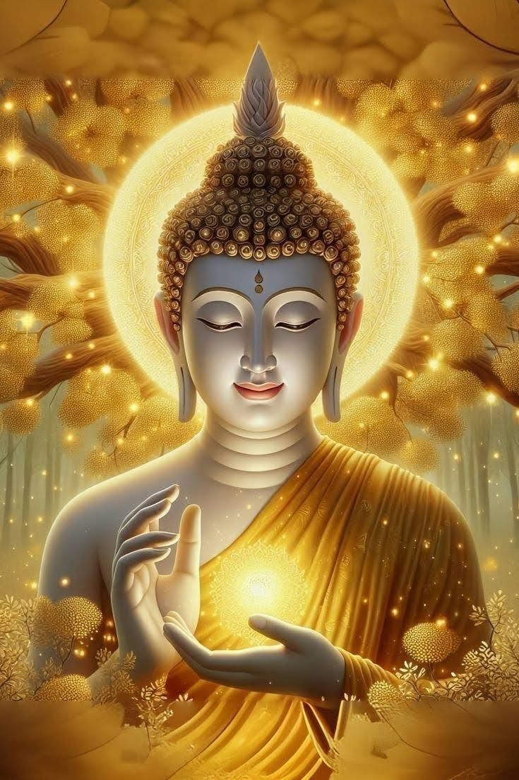 Buddha with golden aura, serene face.