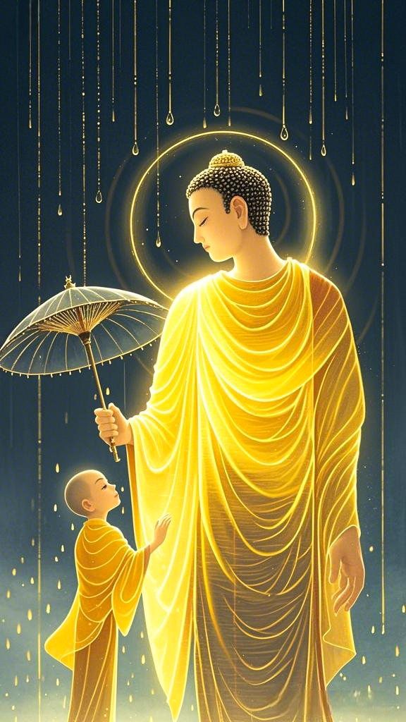 Buddha sheltering monk during rain