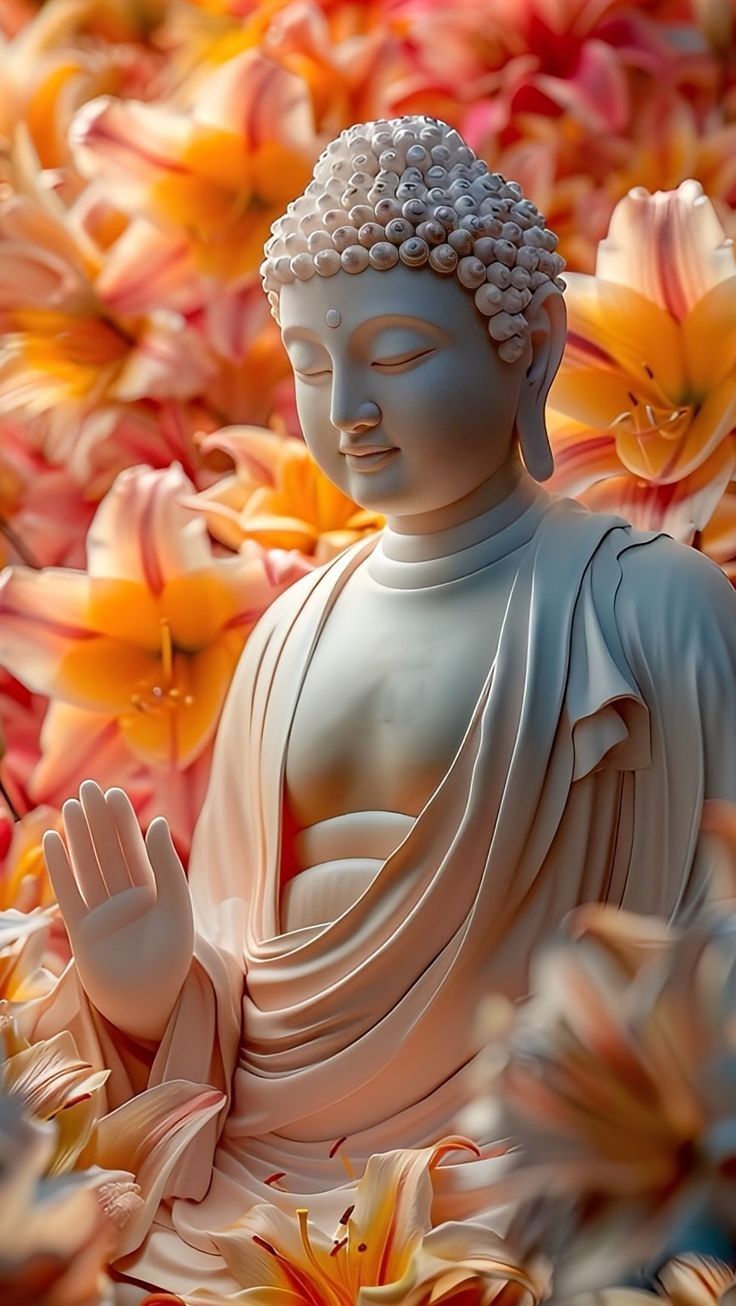 Buddha statue surrounded by golden lotuses