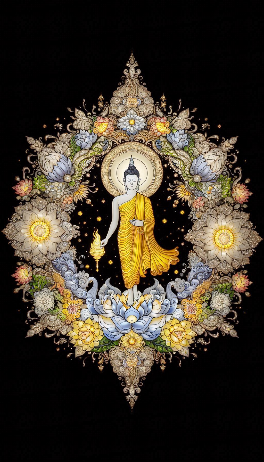 Buddha meditating amidst golden lotus flowers