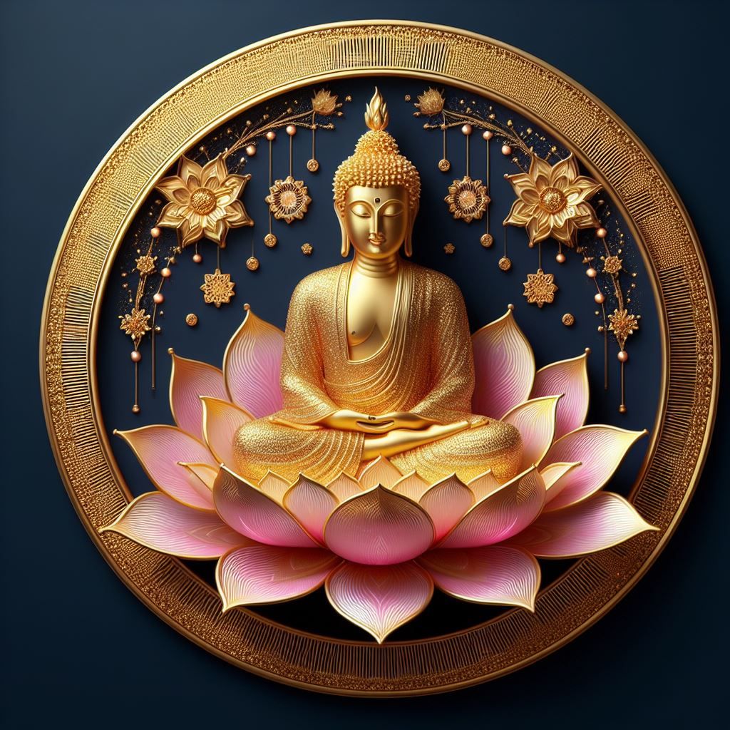 Buddha meditating on a pink lotus