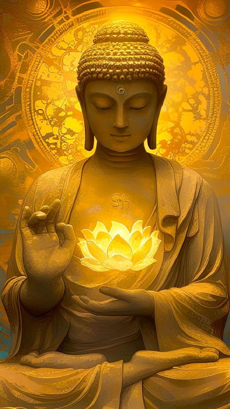 Buddha holding a glowing lotus flower.