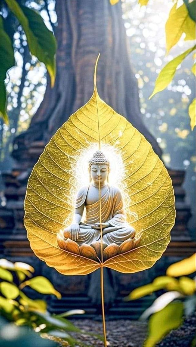 Buddha meditating within golden leaf