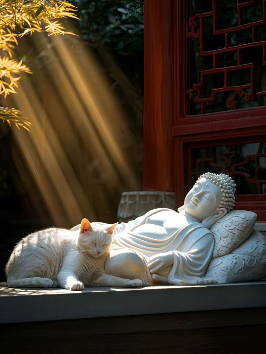 Buddha statue with a white cat, peaceful