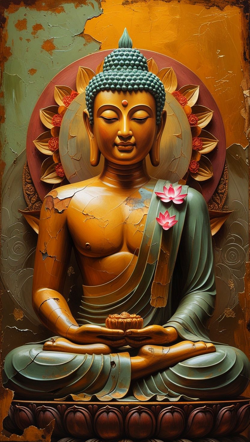 Meditating Buddha with lotus flowers.