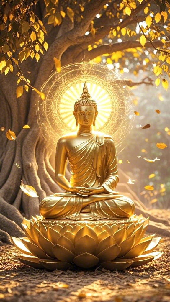 Golden Buddha meditating under Bodhi tree