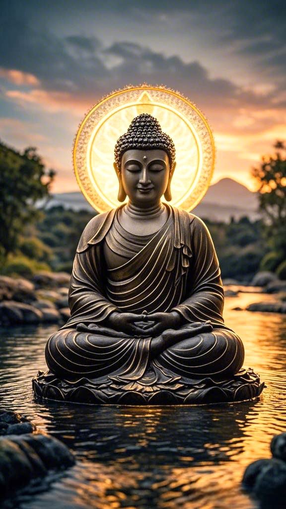 Buddha meditating in golden sunset light