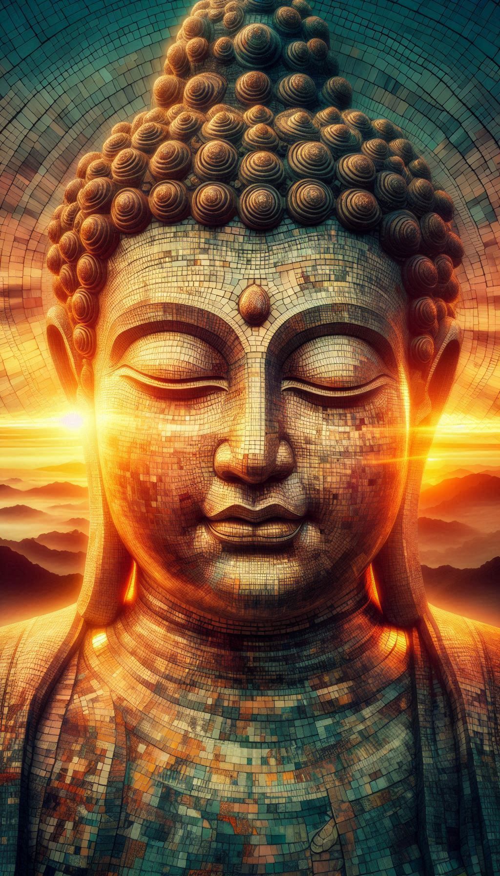 Golden mosaic face of the Buddha