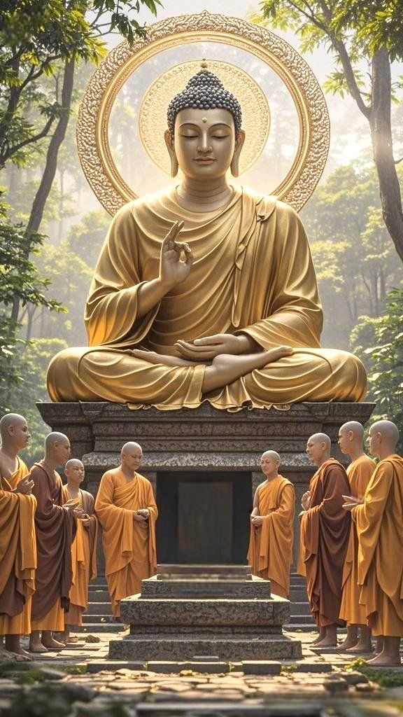Buddha meditating with monks in forest