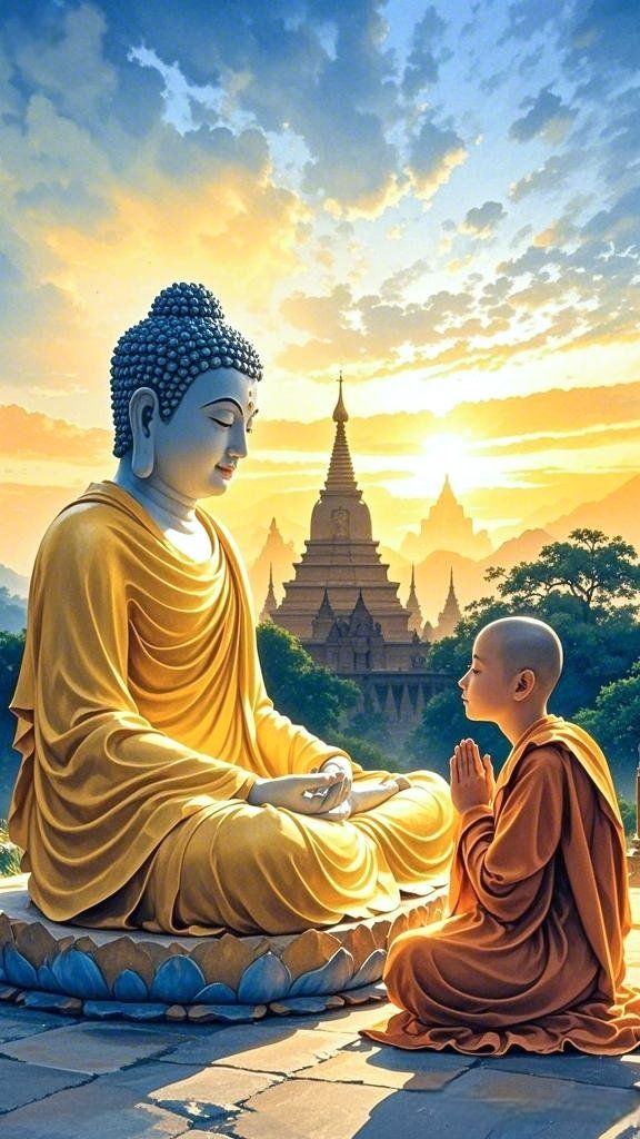 Buddha and monk in peaceful meditation.