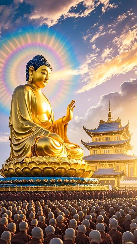 Golden Buddha statue with peaceful monks.
