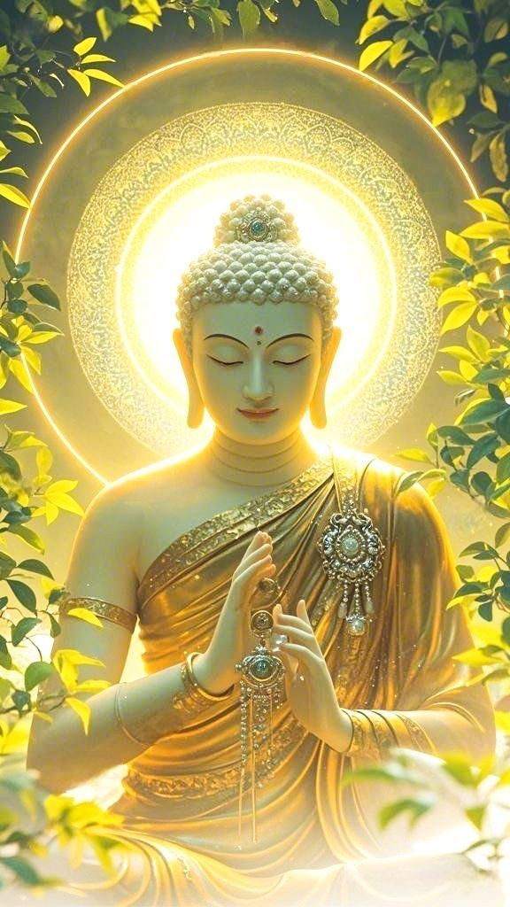 Buddha meditating in golden light