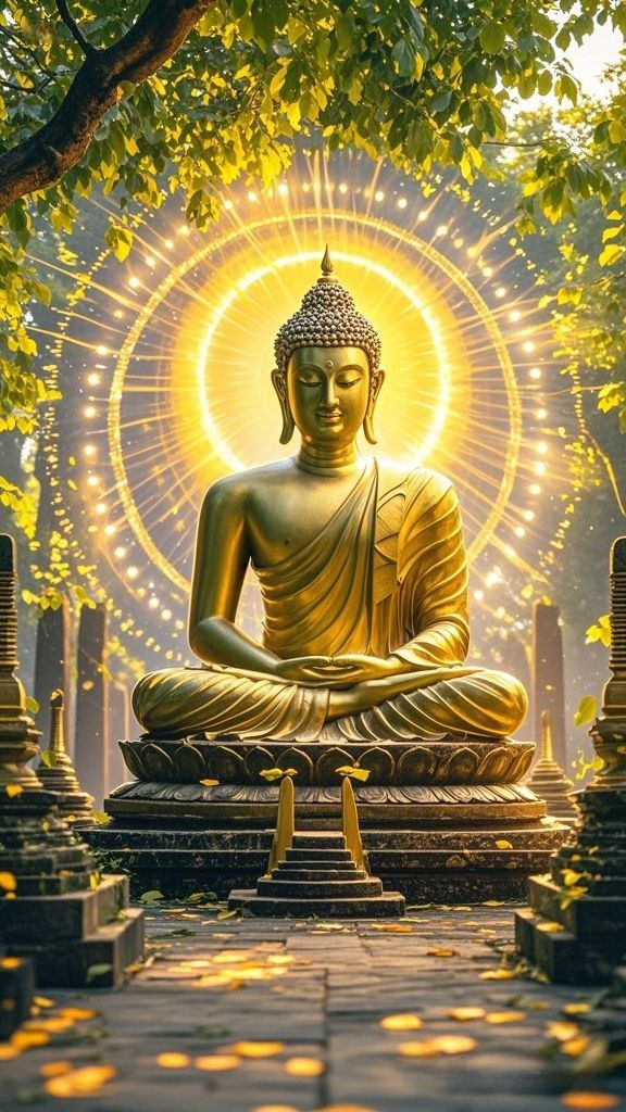 Golden Buddha statue in meditative pose.