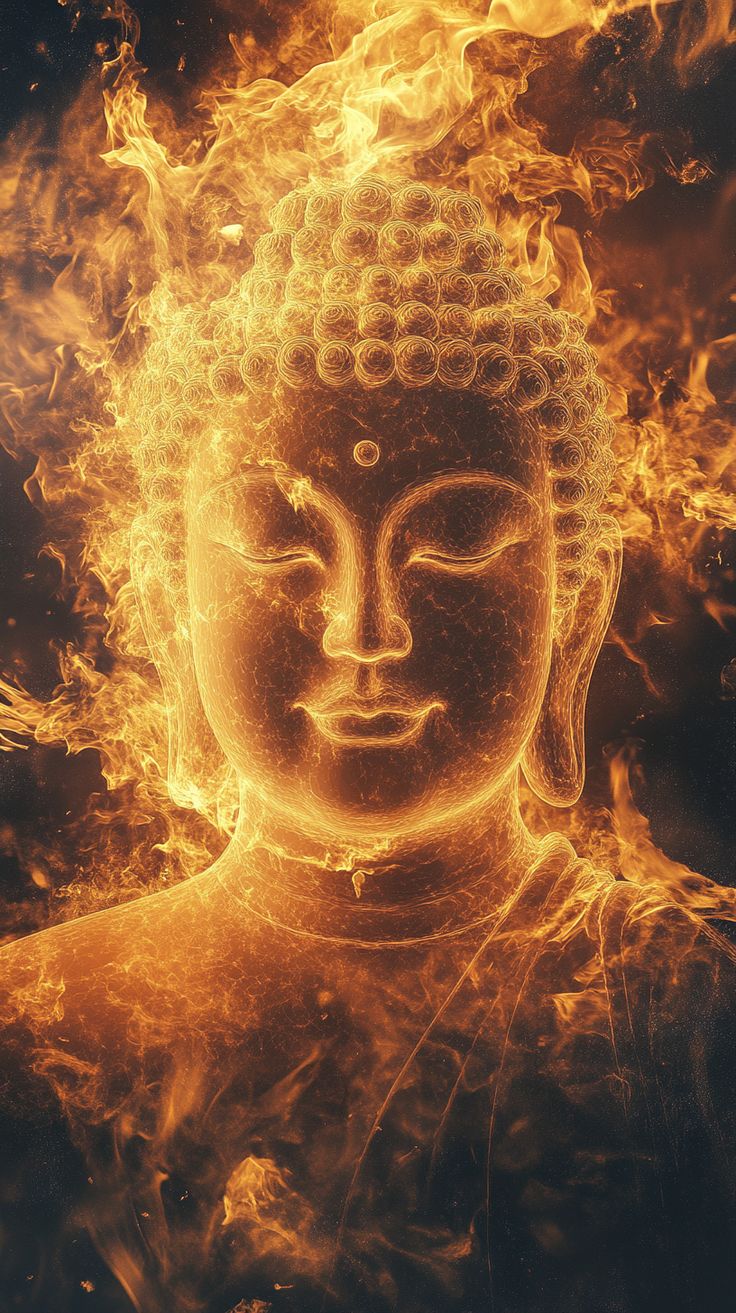 Golden Buddha face surrounded by flames