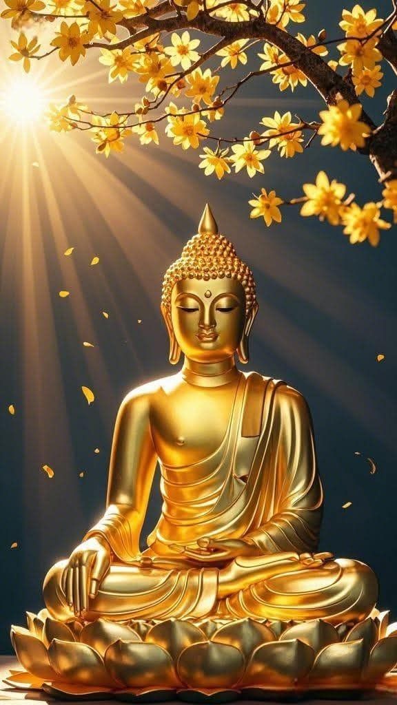 Golden Buddha meditating beneath floral blooms