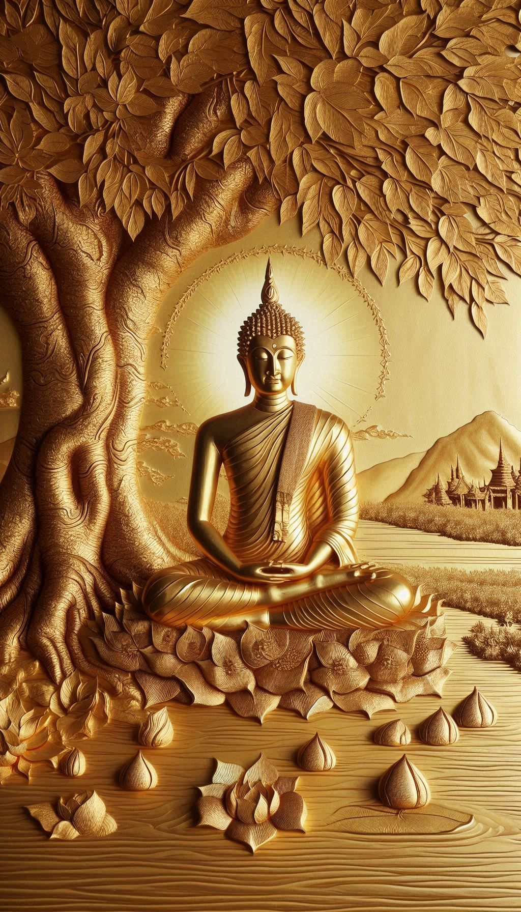 Golden Buddha meditating under Bodhi tree