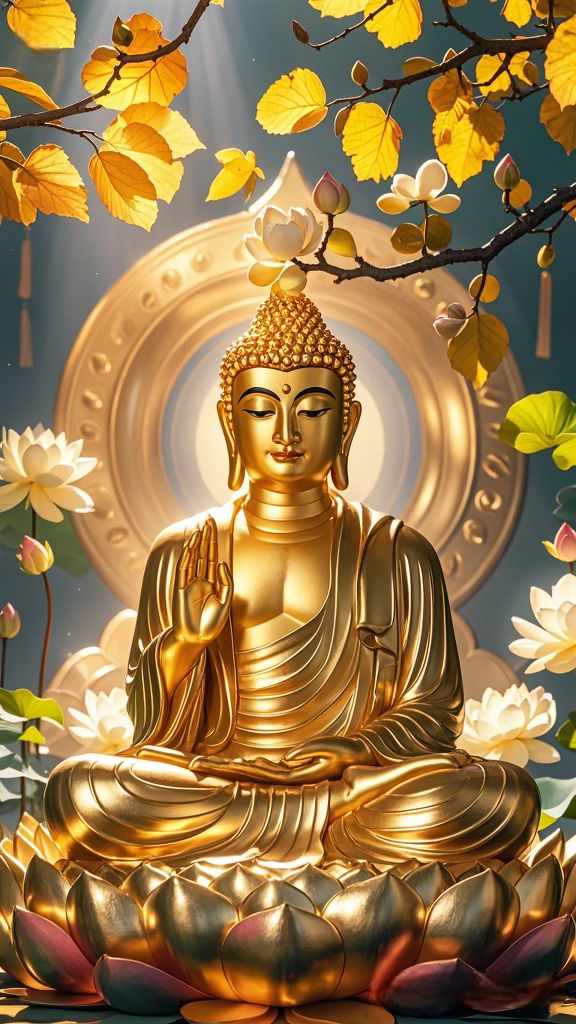 Golden Buddha meditating on lotus flower