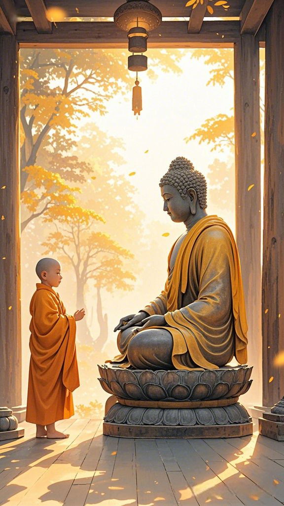 Buddha and young monk in temple