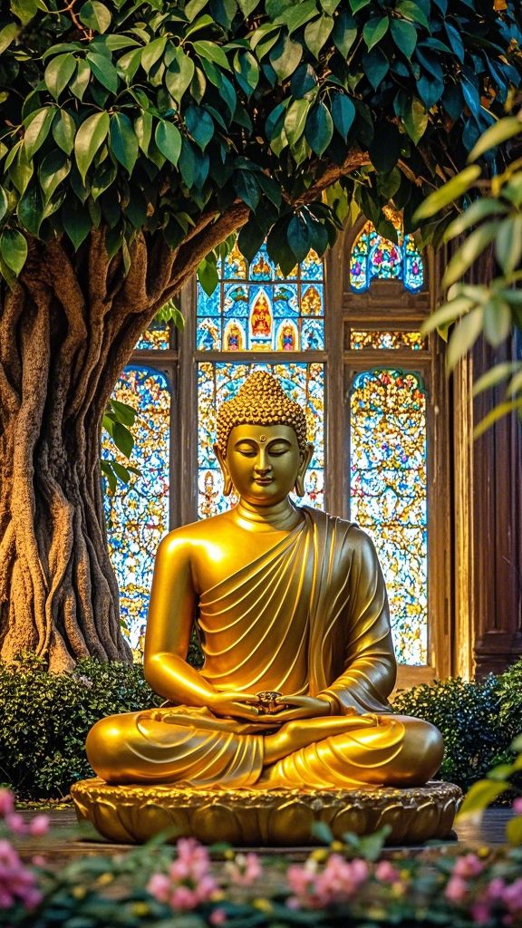 Golden Buddha statue under Bodhi tree.
