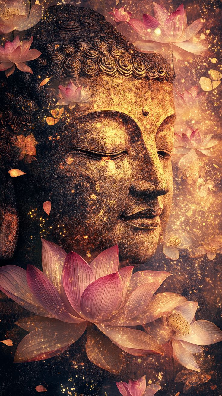 Buddha surrounded by glowing lotus flowers.