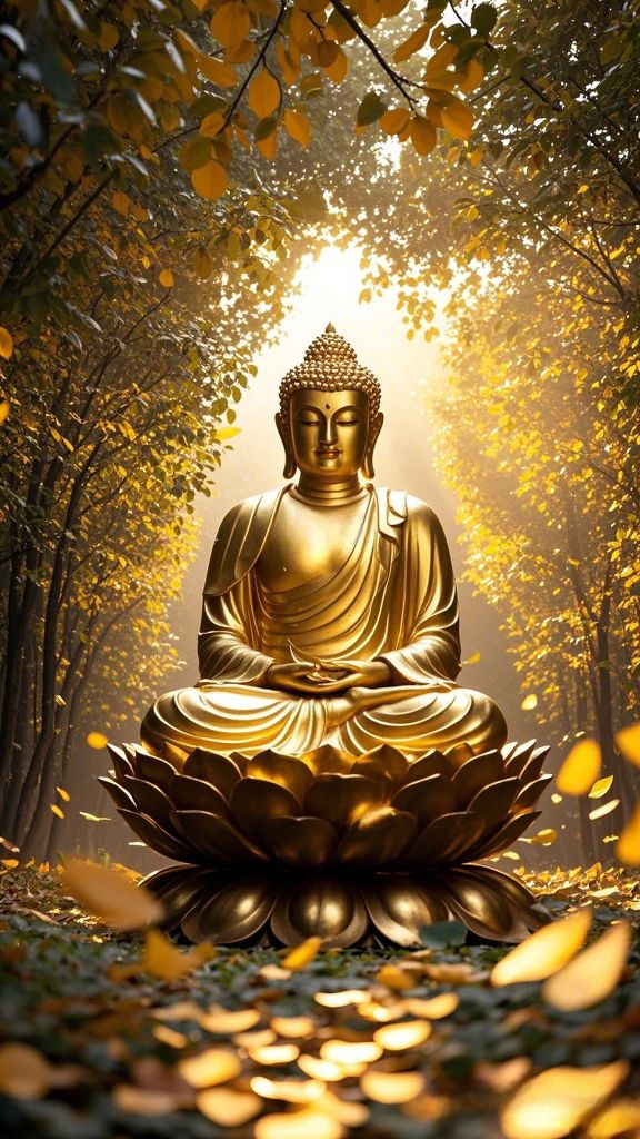Golden Buddha meditating under leaves