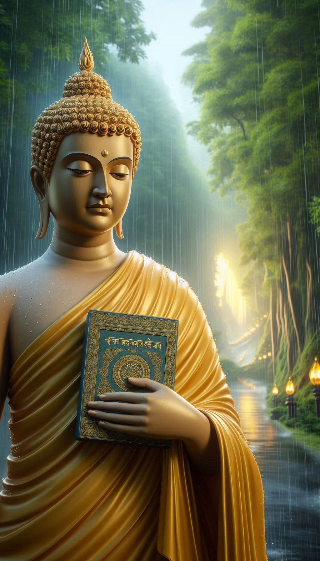 Golden Buddha in a rainy forest.