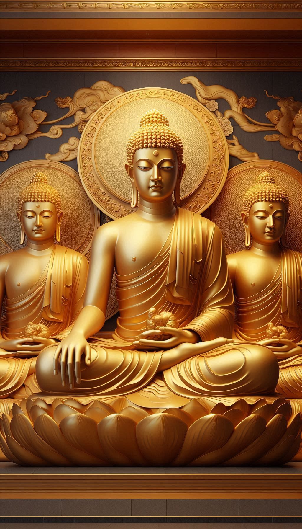 Three golden Buddhas in meditative pose