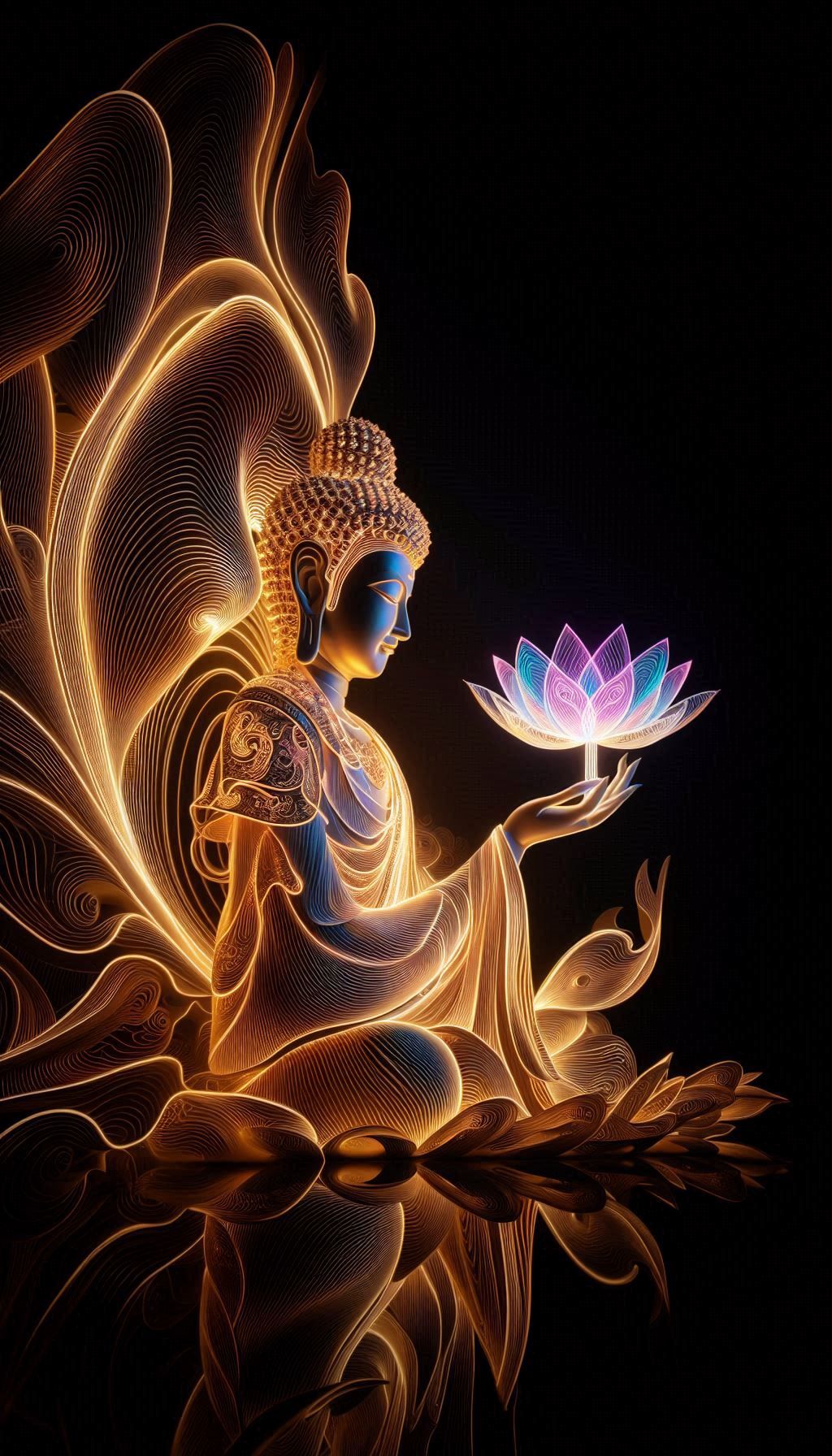 Buddha holding a luminous lotus flower.
