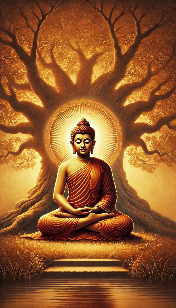 Buddha meditating under Bodhi tree.