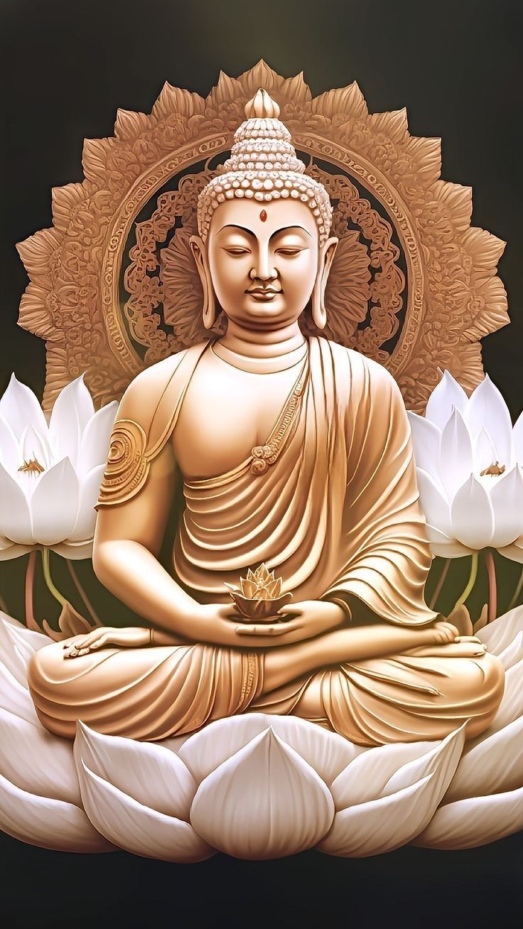 Buddha meditating amongst lotus flowers