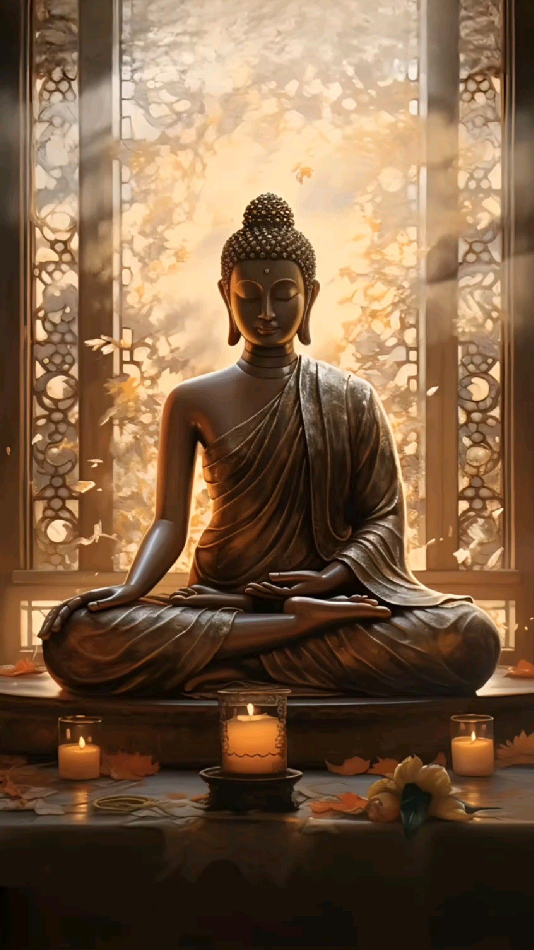 Buddha statue meditating in golden light