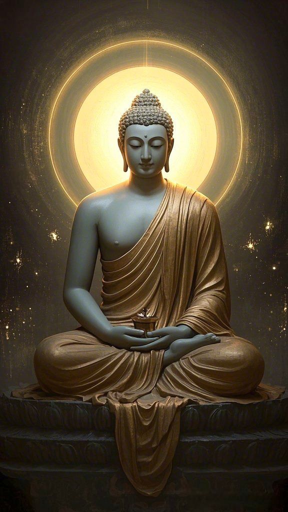 Buddha meditating in golden light