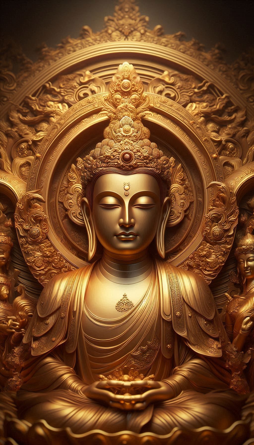Golden Buddha serene face peaceful wallpaper