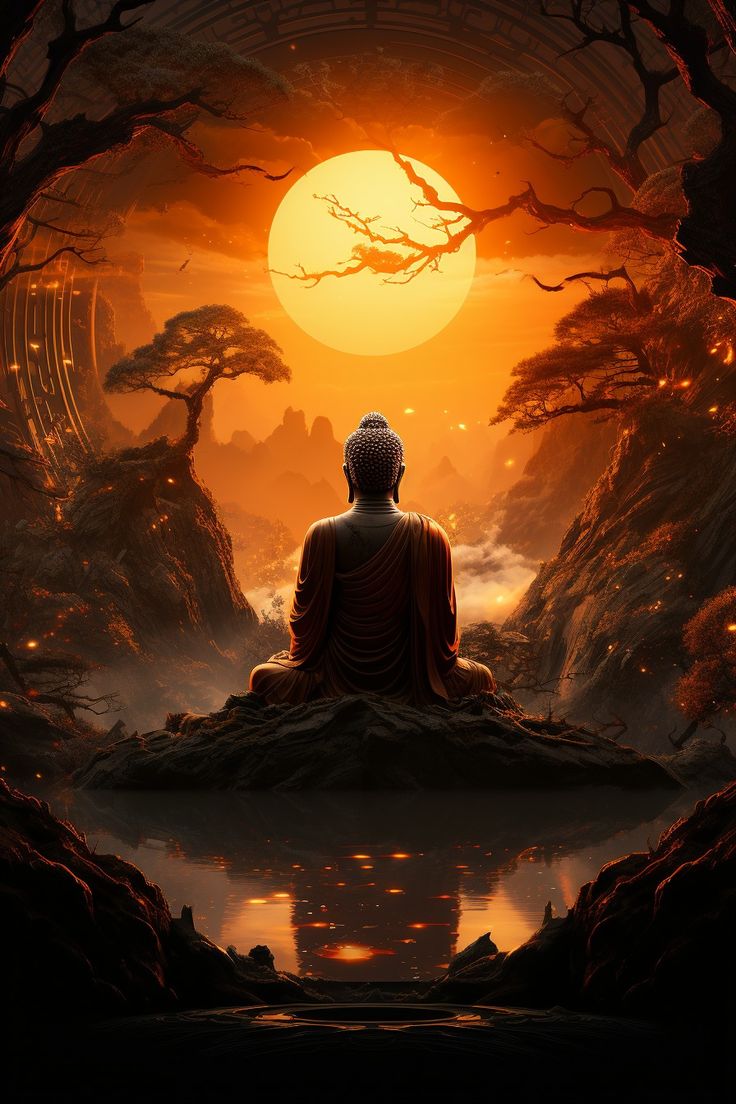 Buddha meditating under a golden sunset