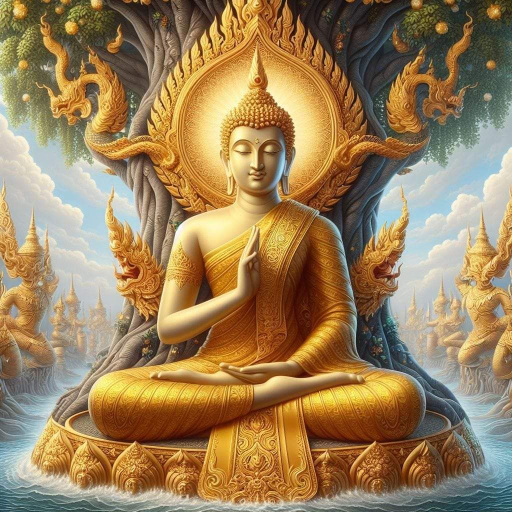 Buddha meditating under Bodhi tree