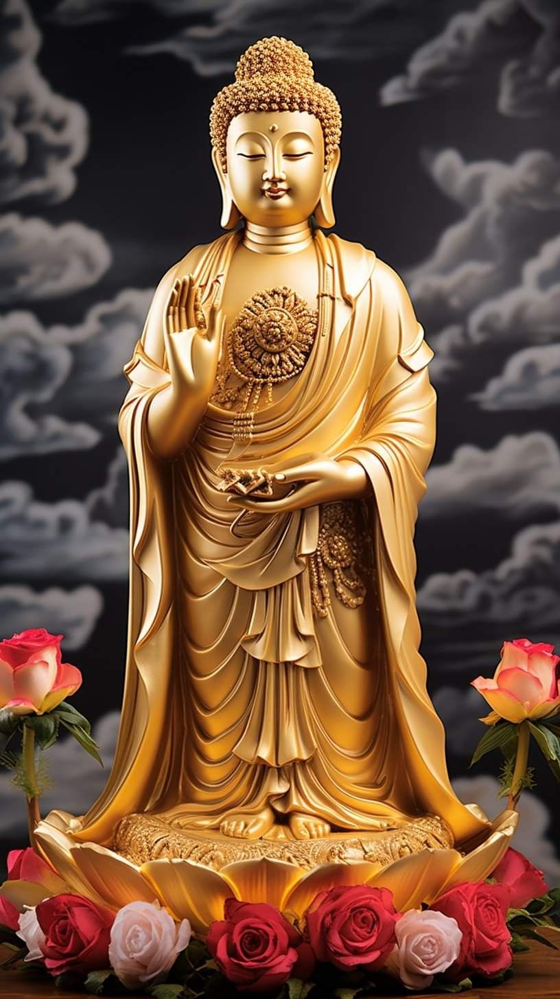 Golden Buddha statue with red roses